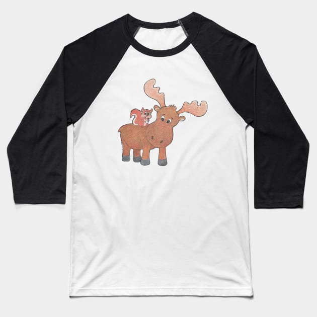 Moose and Squirrel Baseball T-Shirt by ReneeDixonArt